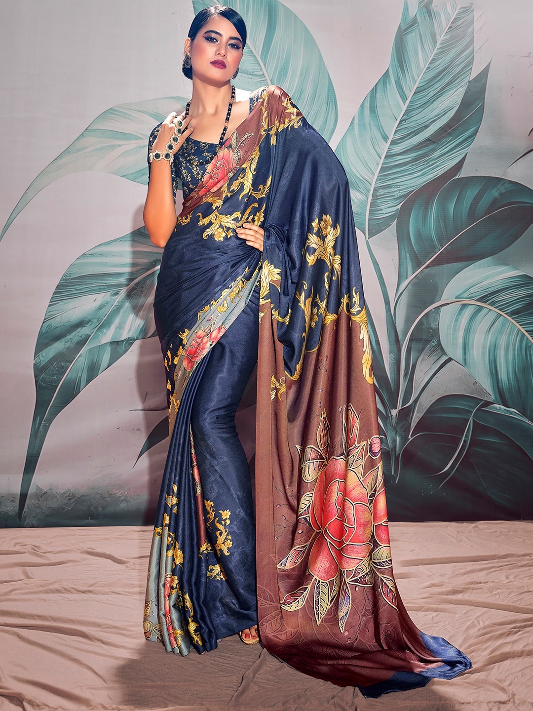 

elora Floral Printed Satin Saree, Blue