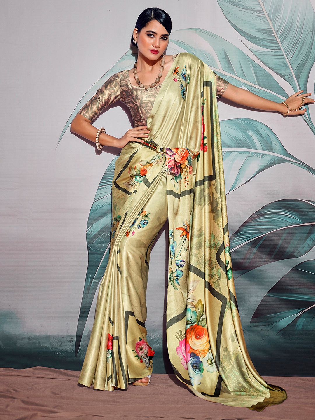 

elora Floral Printed Satin Saree, Cream