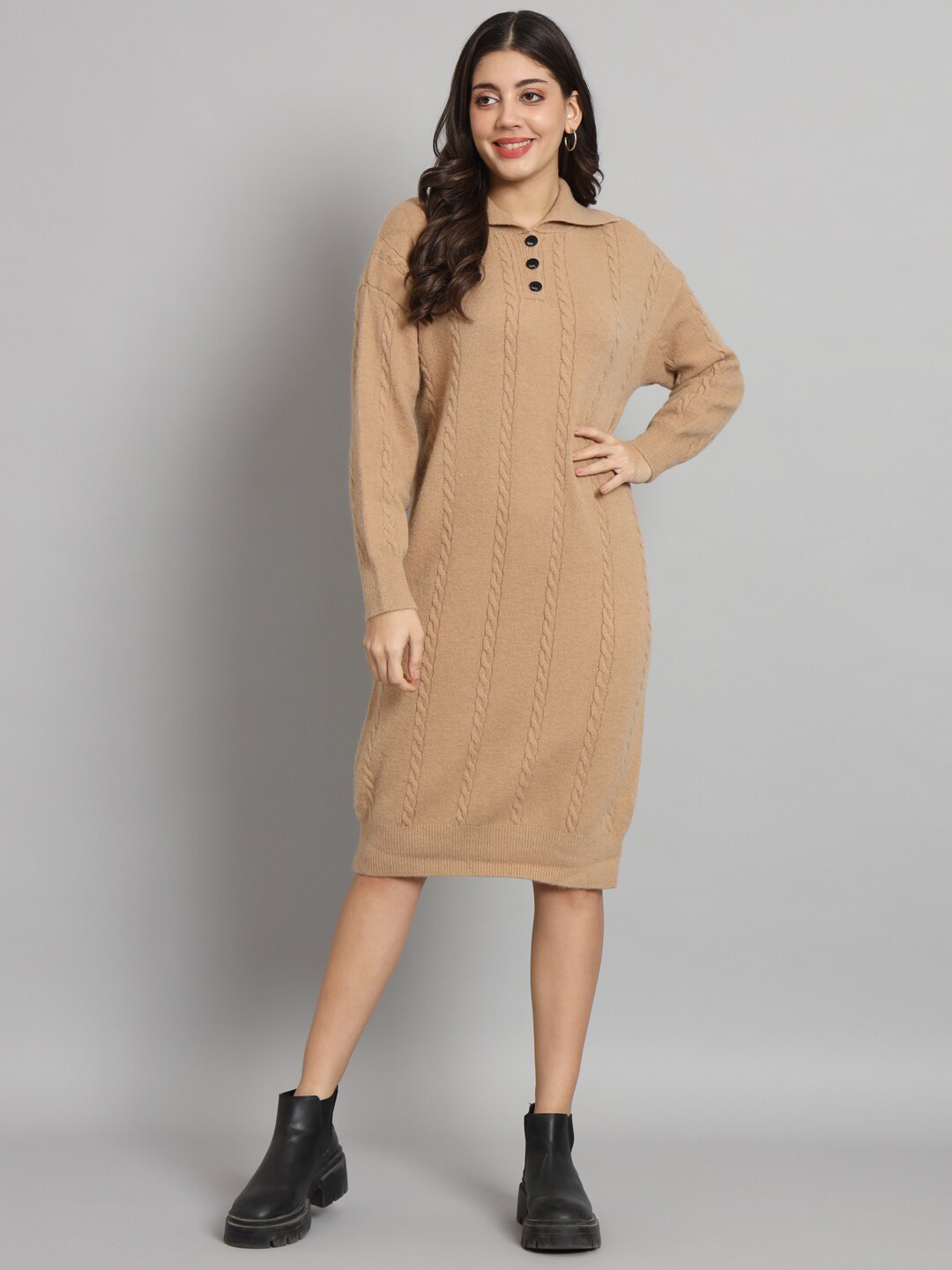

BROOWL Striped Shirt Collar Woollen Dress, Beige