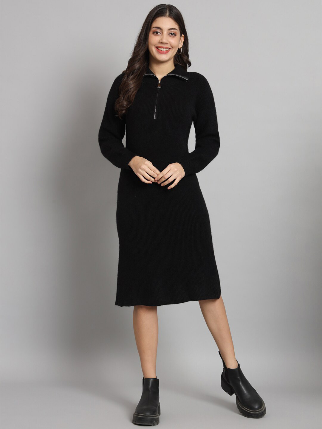 

BROOWL Striped Shirt Collar Woollen Dress, Black