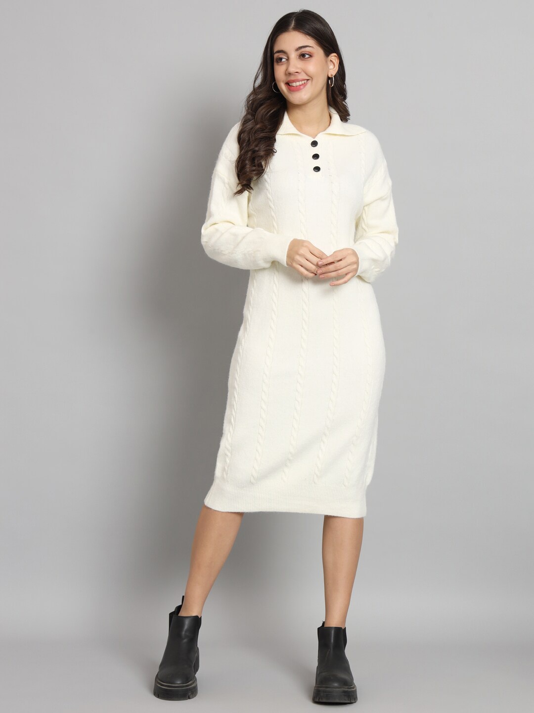 

BROOWL Striped Shirt Collar Woollen Dress, Cream