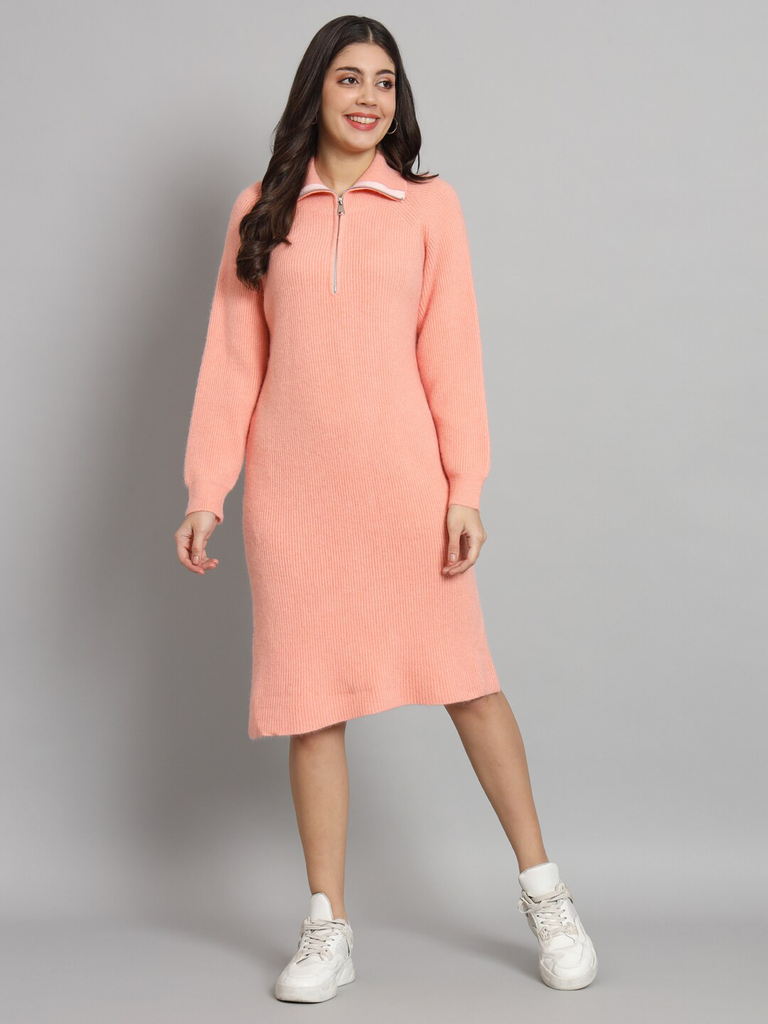 

BROOWL Striped Shirt Collar Woollen Dress, Peach