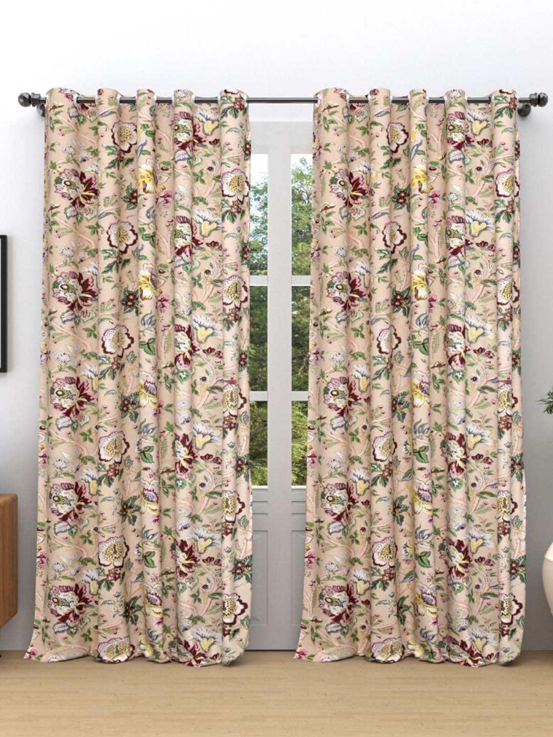 

EasyGoods Green & Brown 2 Pieces Floral Printed Black Out Cotton Long Door Curtains
