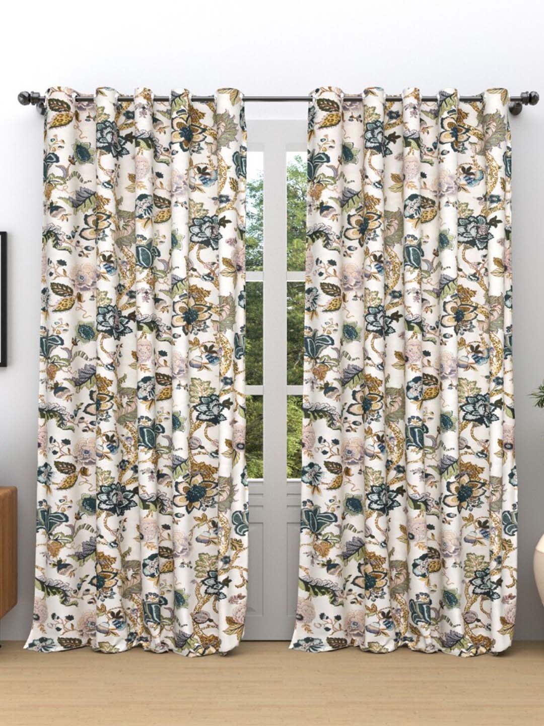 

EasyGoods White & Blue 2 Pieces Floral Cotton Black Out Long Door Curtains