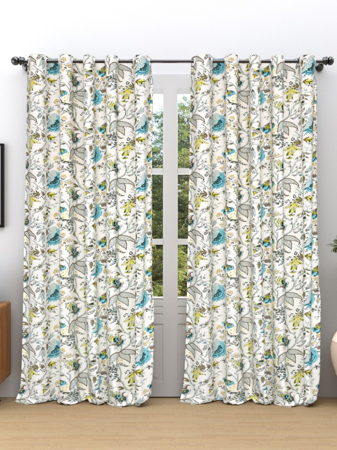 EasyGoods White & Blue Floral Cotton Black Out Long Door Curtain