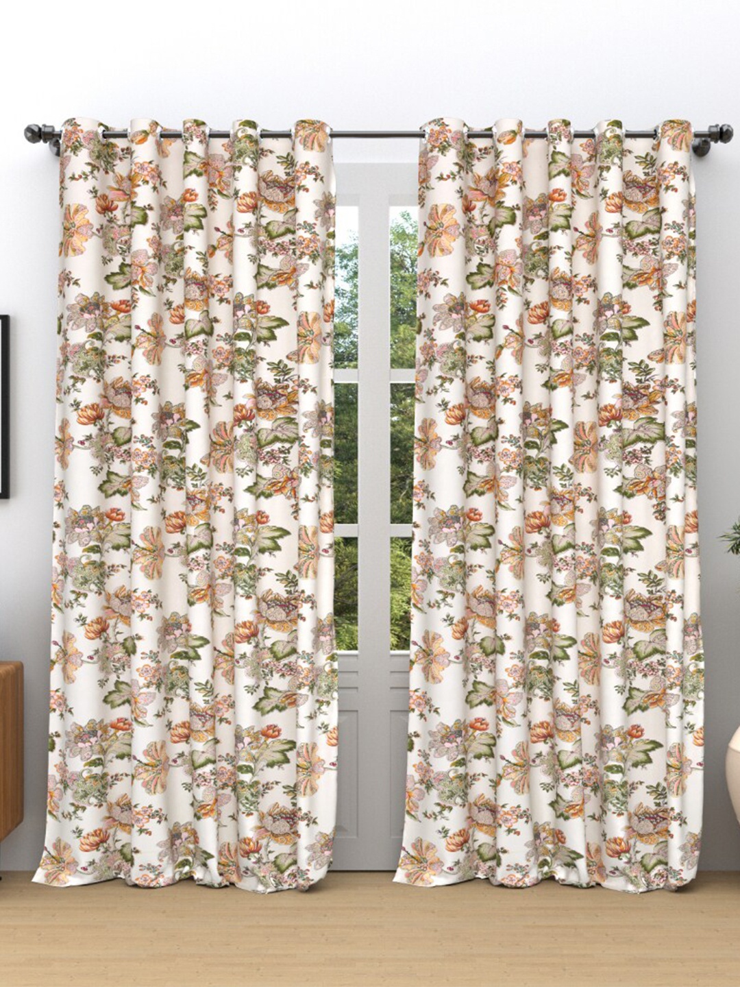 

EasyGoods Anokhi Gold Toned & Green 2 Pieces Floral Black Out Long Door Curtains