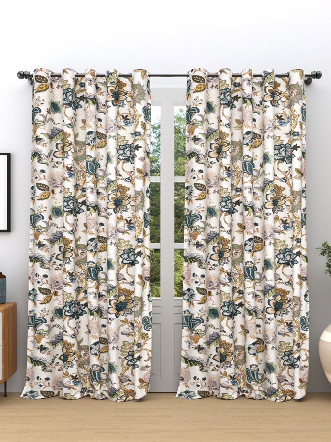 EasyGoods White & Red Floral Printed Black Out Cotton Long Door Curtain