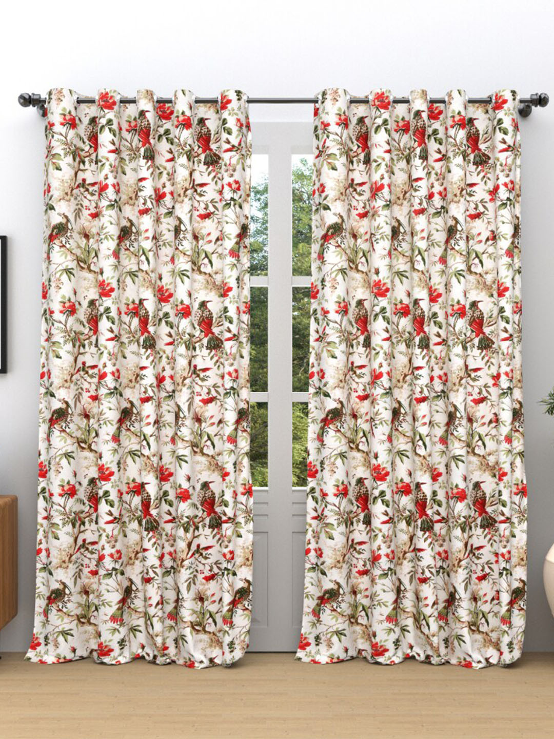 

EasyGoods Red & White 2 Pieces Floral Black Out Long Door Curtains