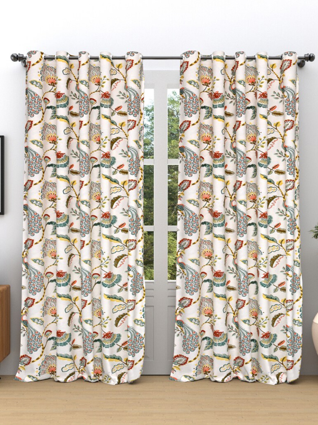 

EasyGoods Anokhi Beige & Red Peacock Print Cotton Black Out Long Door Curtain