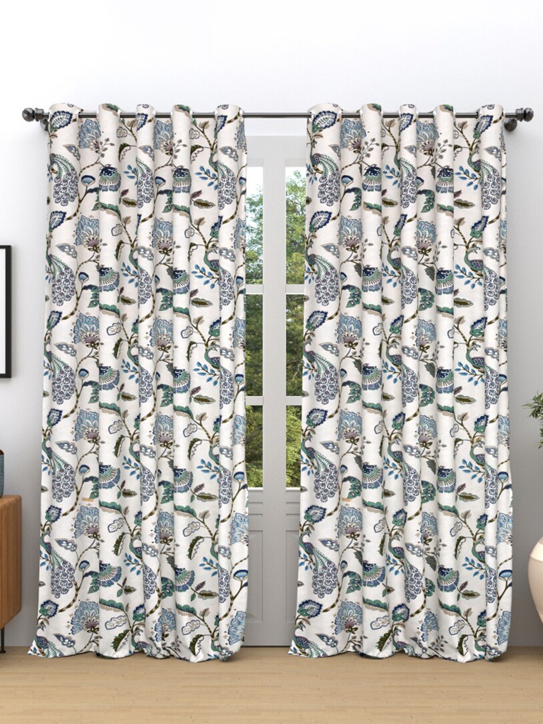 

EasyGoods anokhi curtains Blue & White 2 Pieces Floral Black Out Long Door Curtain