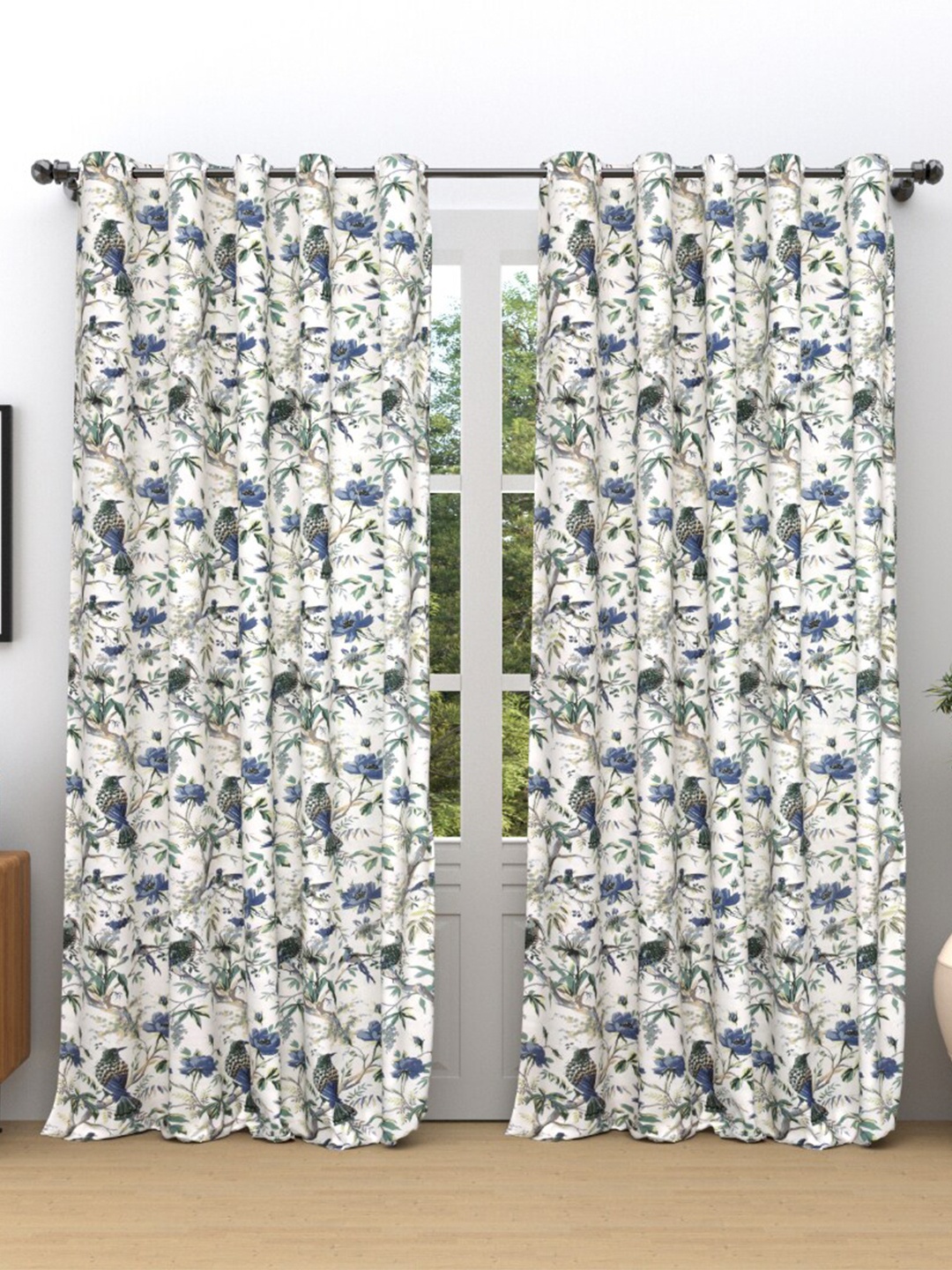 EasyGoods White & Blue Floral Printed Black Out Cotton Long Door Curtain