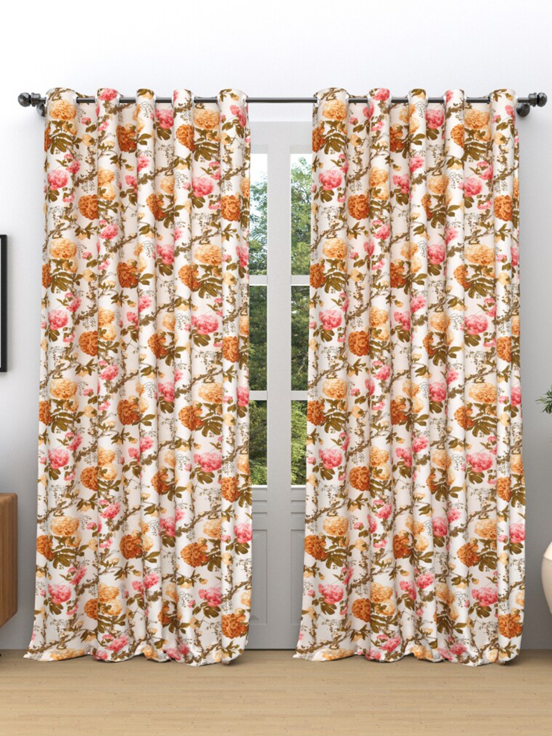 

EasyGoods White & Yellow Floral Printed Black Out Cotton Long Door Curtain