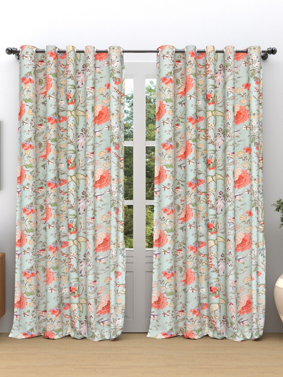 

EasyGoods Green & Red Floral Printed Black Out Cotton Long Door Curtain