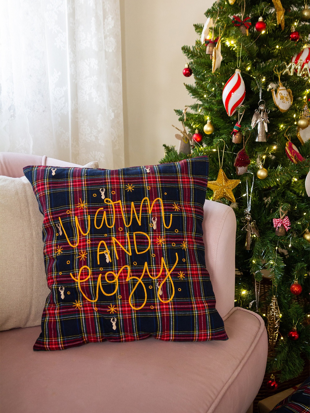 

BandBox Red & Yellow Checked Cotton Square Cushion Cover