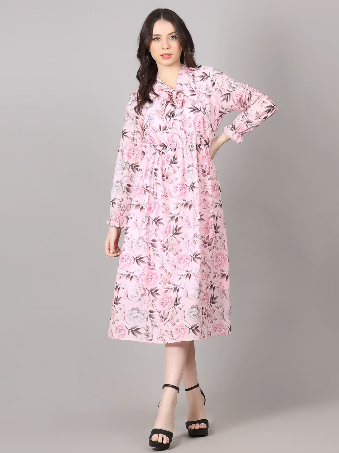 

MAIYEE Floral Printed Georgette A-Line Midi Dress, Pink