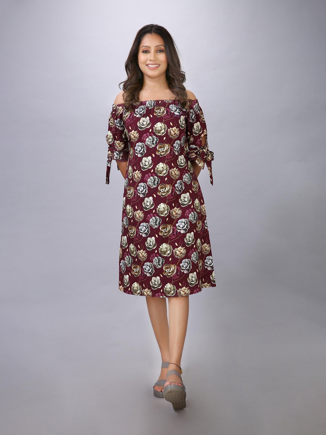 

MAIYEE Floral Printed Off Shoulder A-Line Midi Dress, Purple