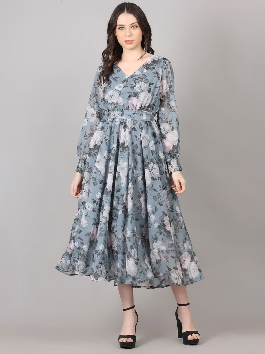 

MAIYEE Floral Printed V-Neck Puff Sleeve Georgette Fit & Flare Midi Dress, Grey