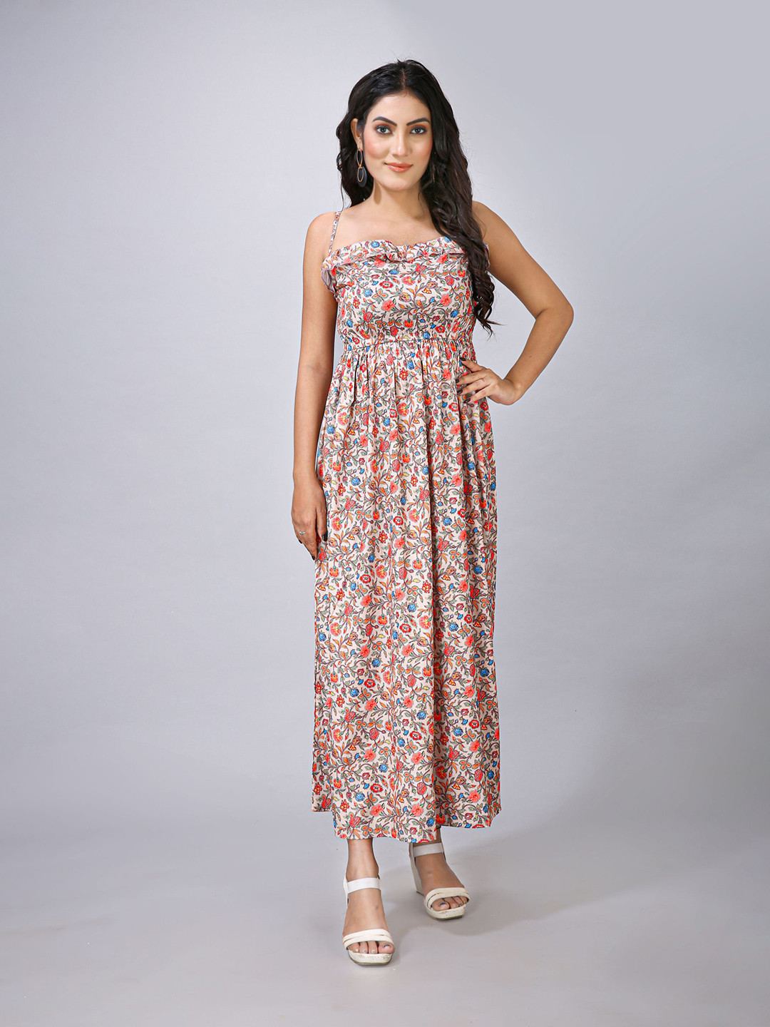 

MAIYEE Floral Printed Shoulder Straps Fit & Flare Maxi Dress, Cream