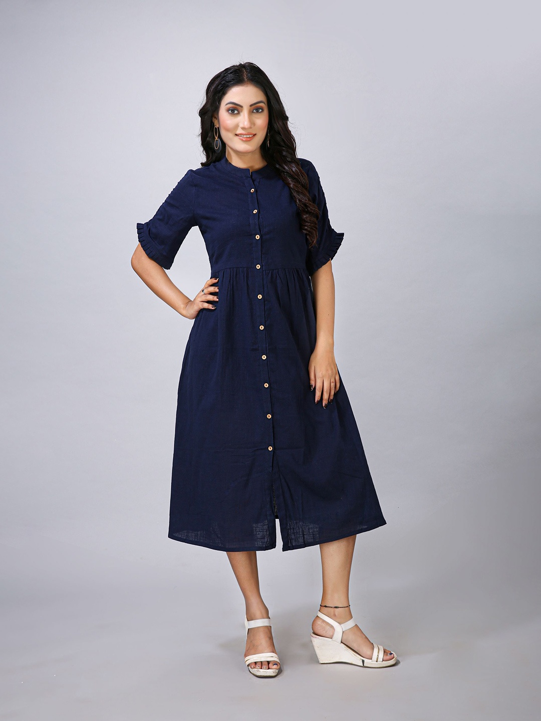 

MAIYEE Mandarin Collar Shirt Midi Dress, Navy blue