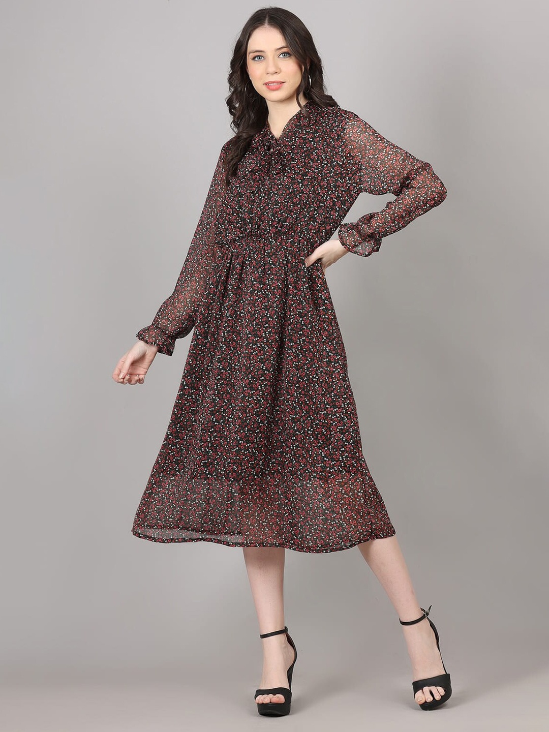 

MAIYEE Floral Printed Tie Up Neck Puff Sleeve Fit & Flare Midi Dress, Black