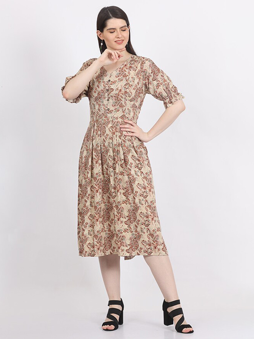 

MAIYEE Ethnic Motifs Printed Fit and Flare Dress, Beige