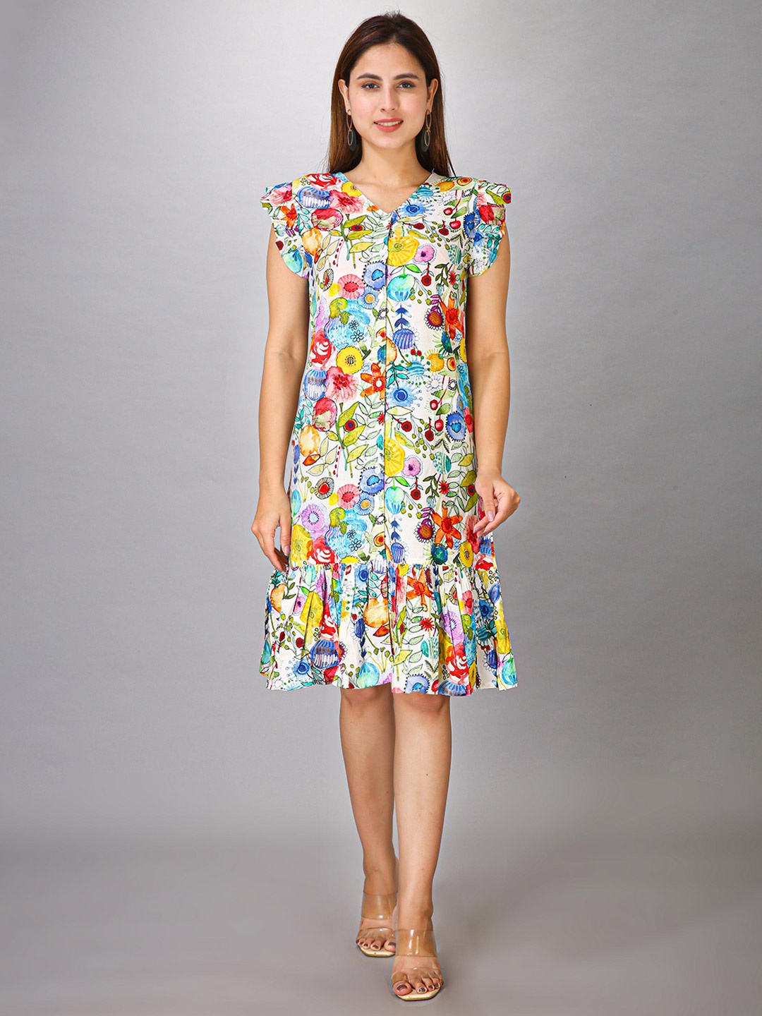 

MAIYEE Floral Printed V-Neck Drop-Waist Dress, White