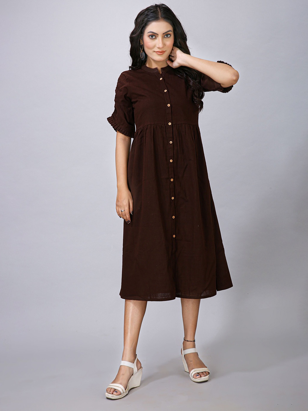

MAIYEE Mandarin Collar Shirt Dress, Coffee brown