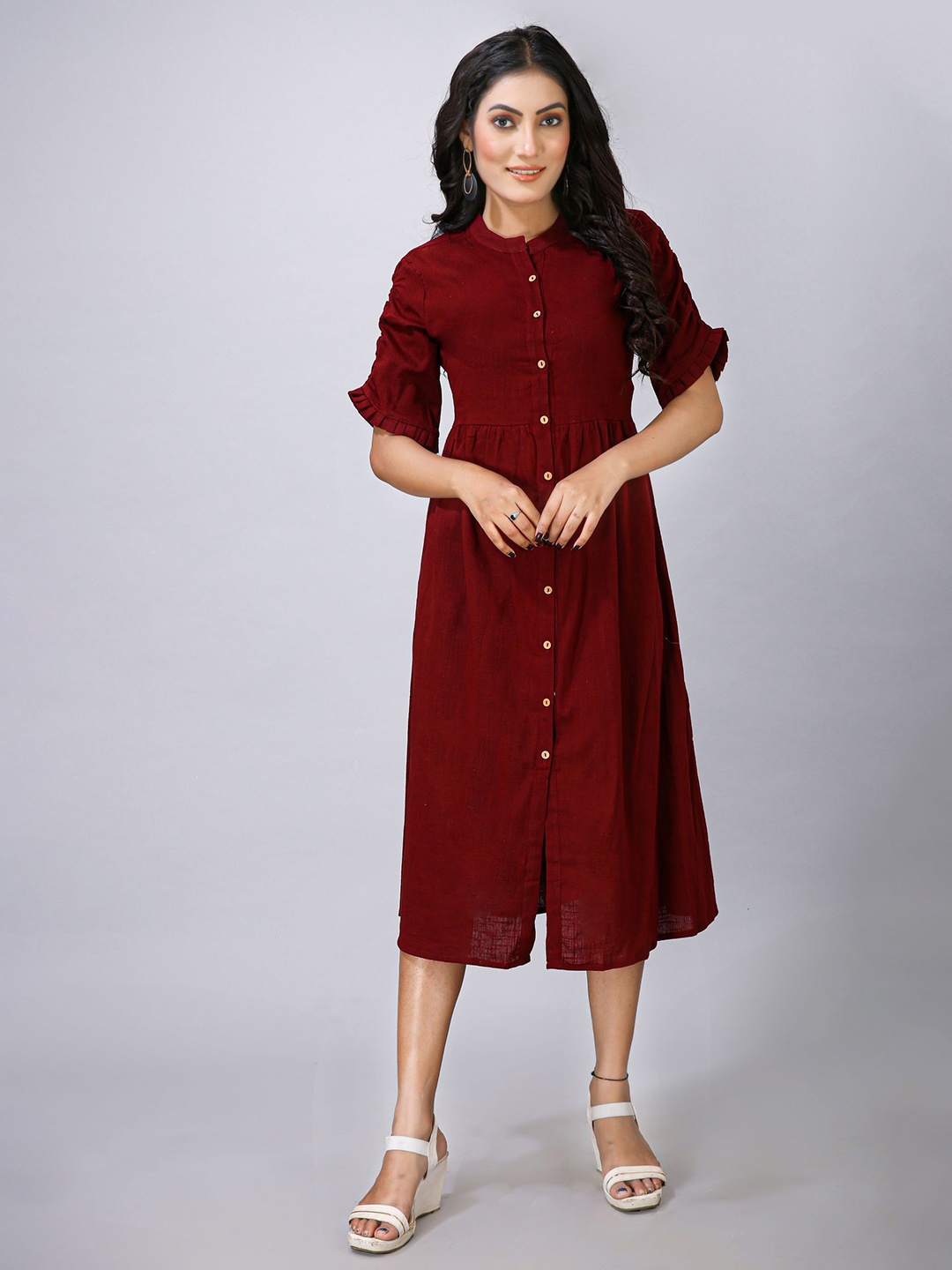

MAIYEE Mandarin Collar Shirt Dress, Maroon