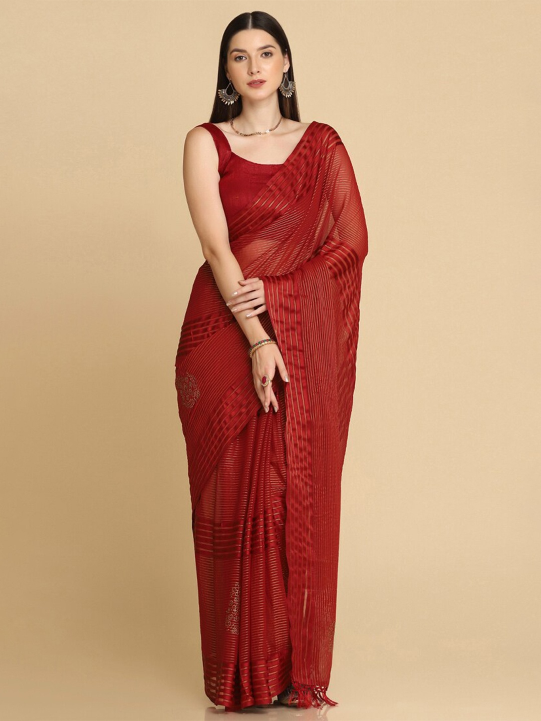 

ASISA Striped Poly Georgette Saree, Maroon