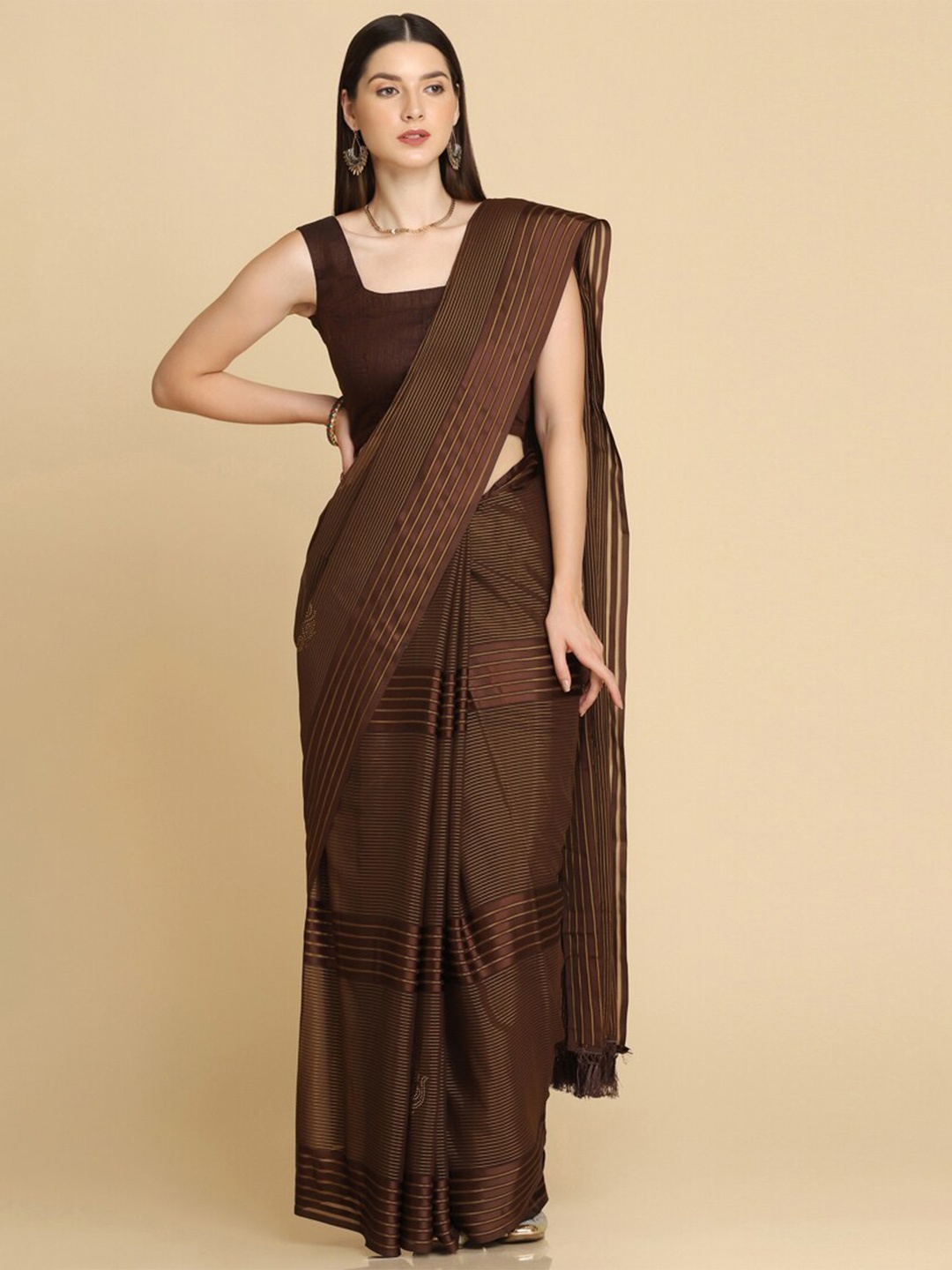 

ASISA Striped Poly Georgette Saree, Coffee brown