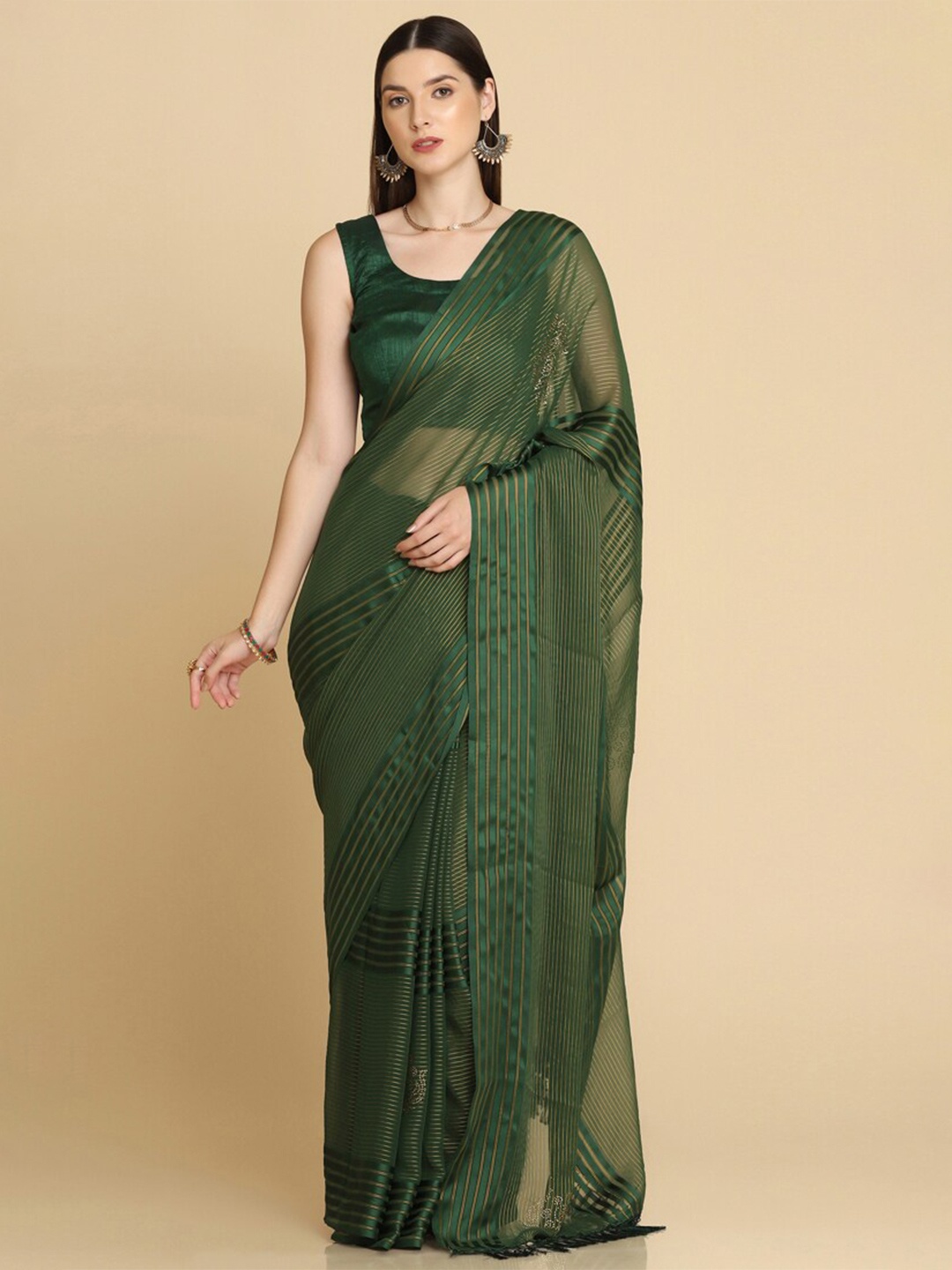 

ASISA Striped Poly Georgette Saree, Green