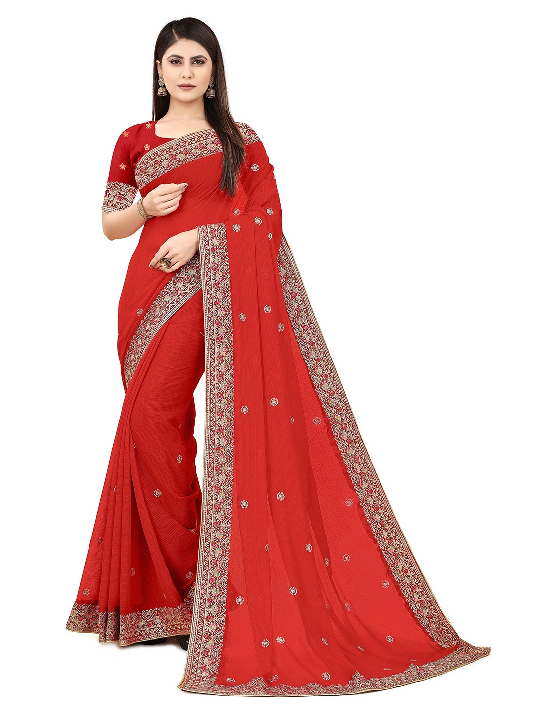 

MOLTIRA Floral Embroidered Poly Georgette Chanderi Saree, Red