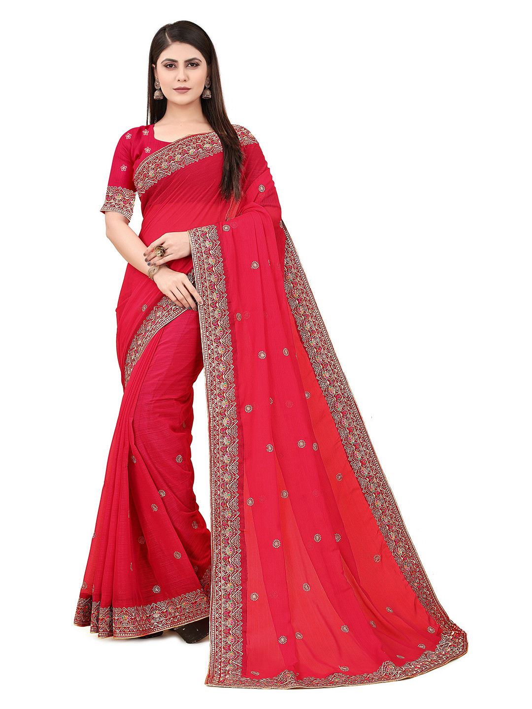 

MOLTIRA Floral Embroidered Poly Georgette Chanderi Saree, Pink