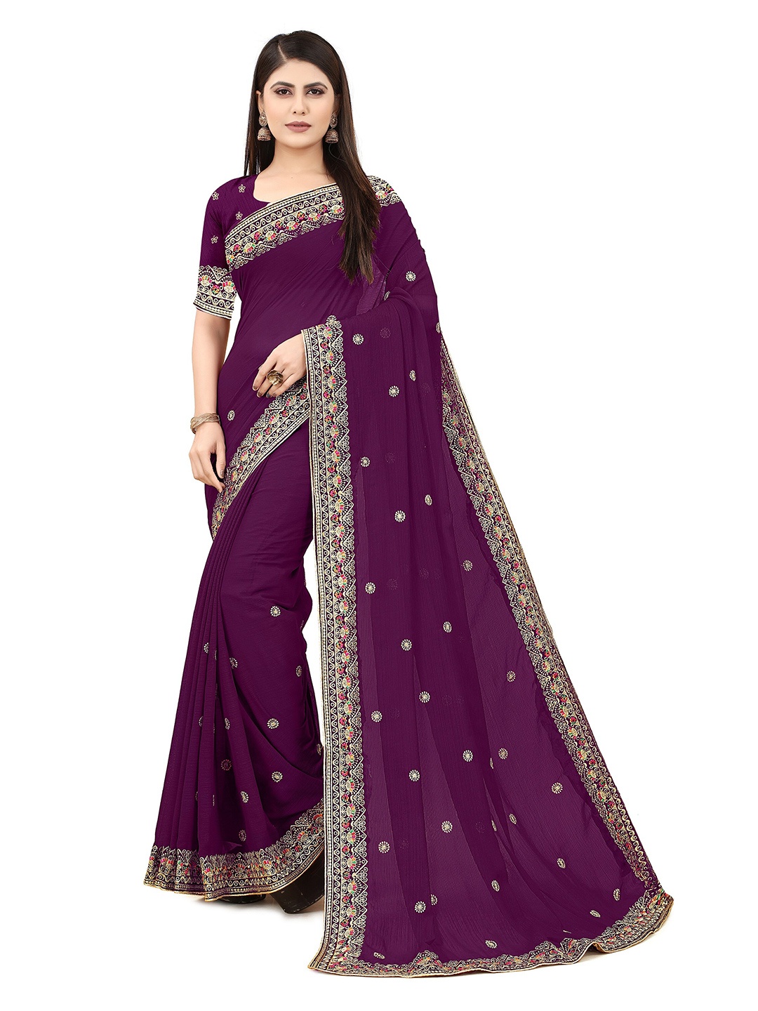 

MOLTIRA Floral Embroidered Poly Georgette Chanderi Saree, Magenta
