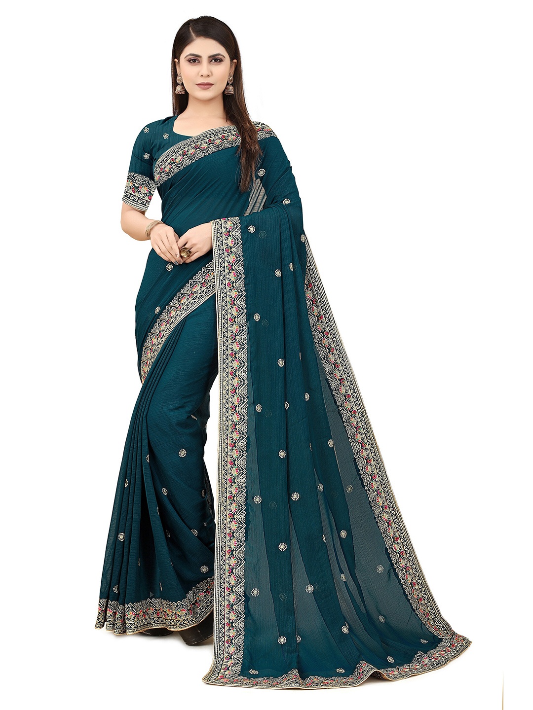 MOLTIRA Floral Embroidered Poly Georgette Chanderi Saree, Teal
