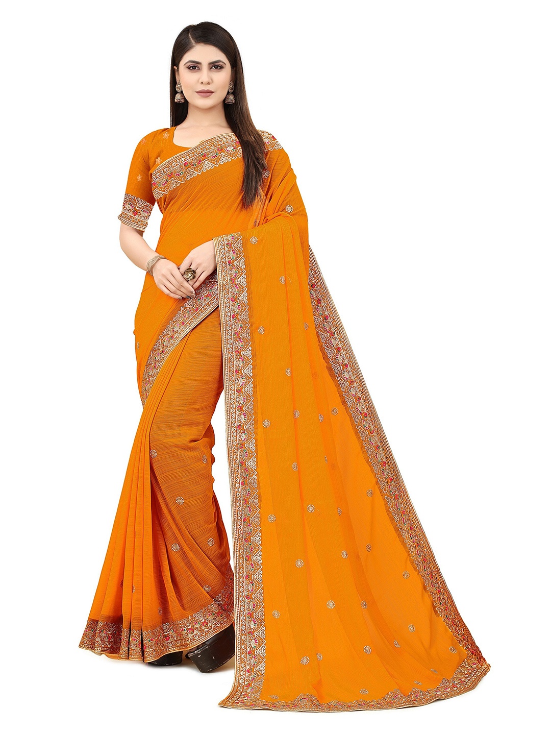

MOLTIRA Floral Embroidered Poly Georgette Chanderi Saree, Yellow