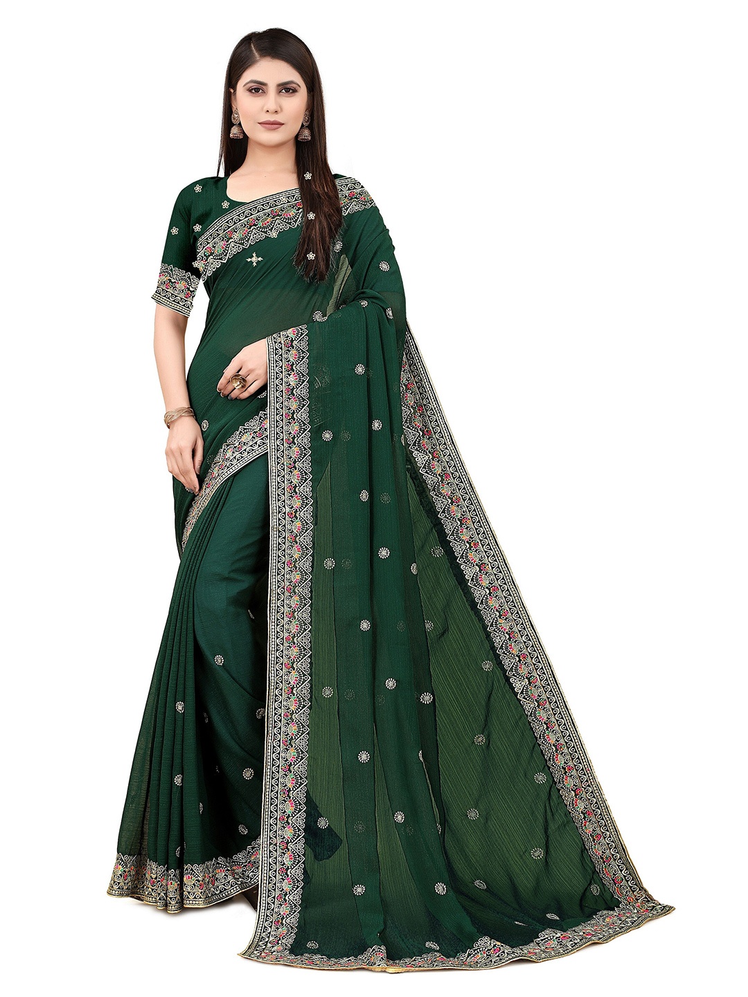 MOLTIRA Floral Embroidered Poly Georgette Chanderi Saree, Green