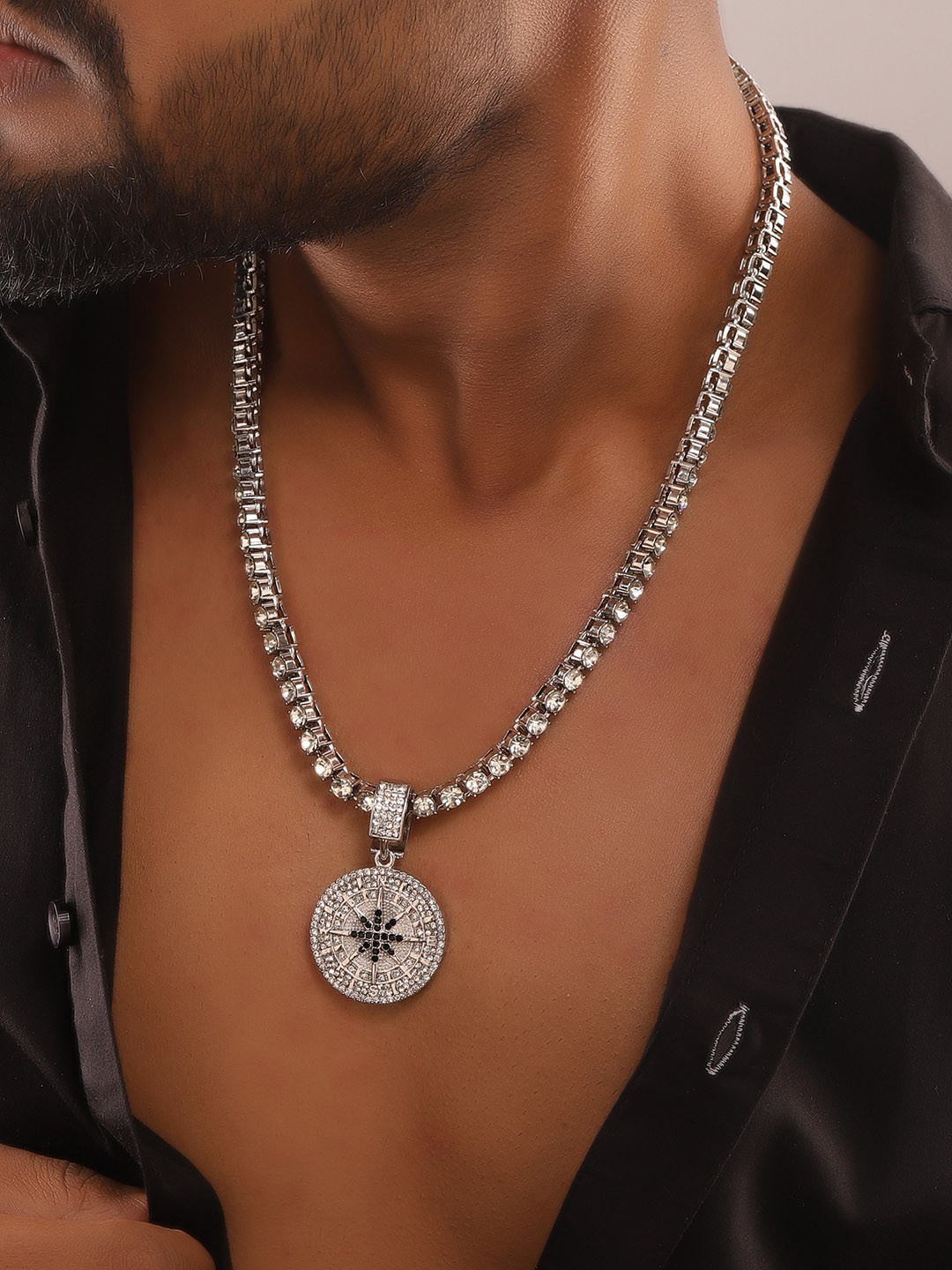 

The Roadster Lifestyle Co. Silver-Toned Rhodium-Plated CZ-Studded Necklace With Pendant