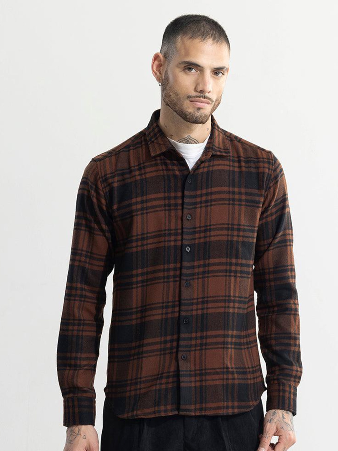 

Snitch Brown Classic Slim Fit Tartan Checks Pure Cotton Casual Shirt