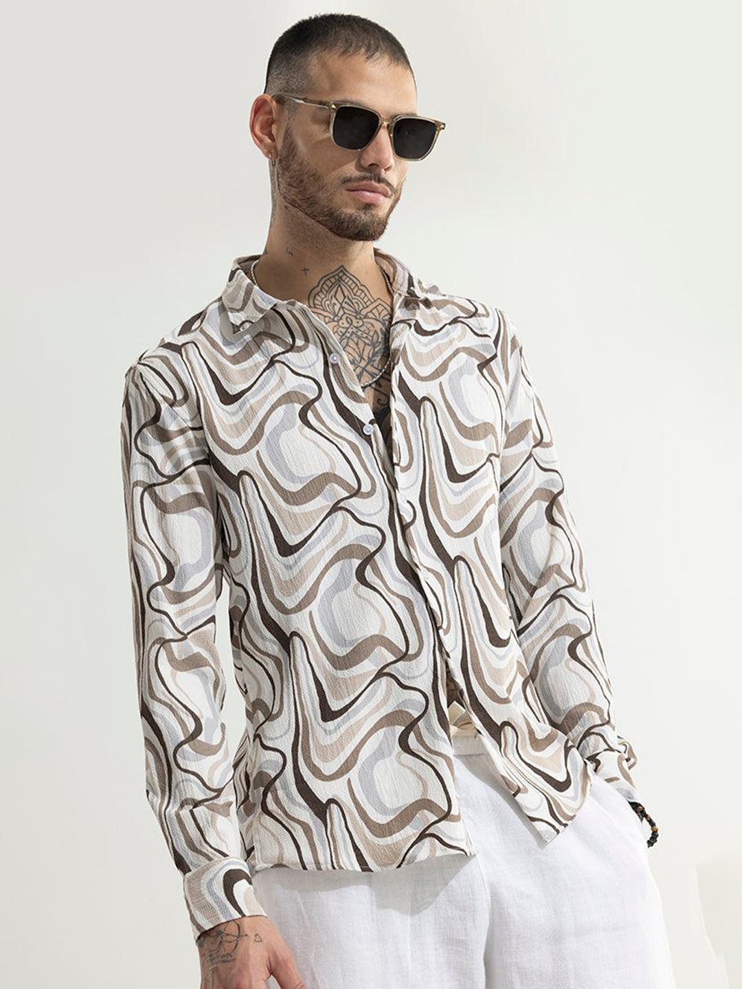

Snitch Classic Slim Fit Abstract Printed Casual Shirt, Brown