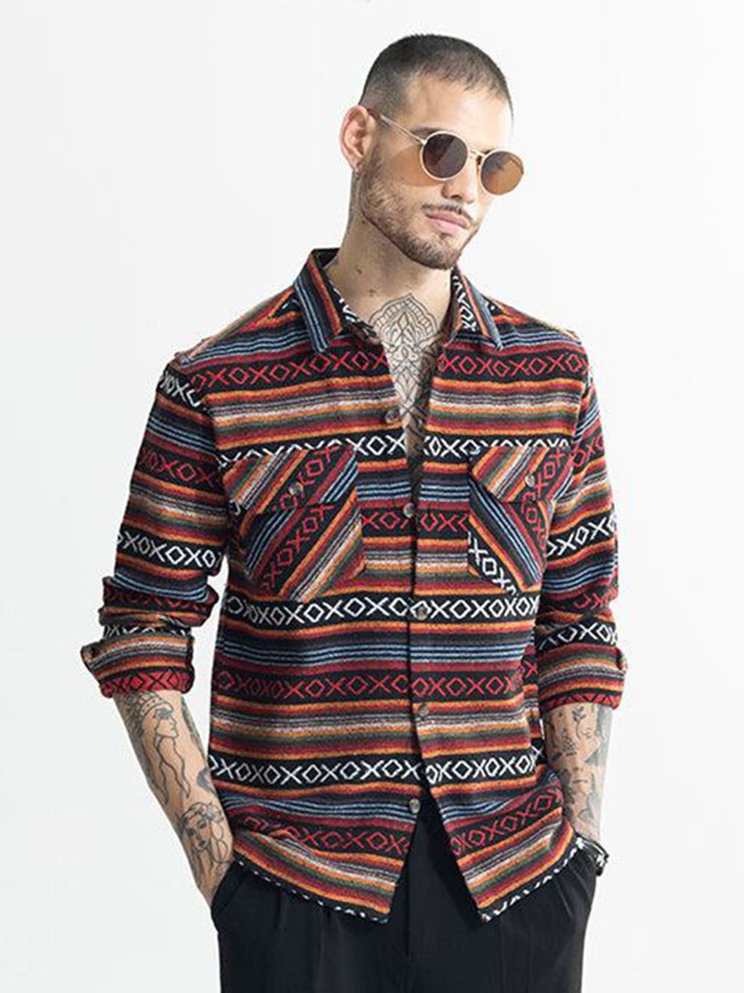 

Snitch Black & Red Classic Geometric Embroidered Pure Cotton Casual Shirt