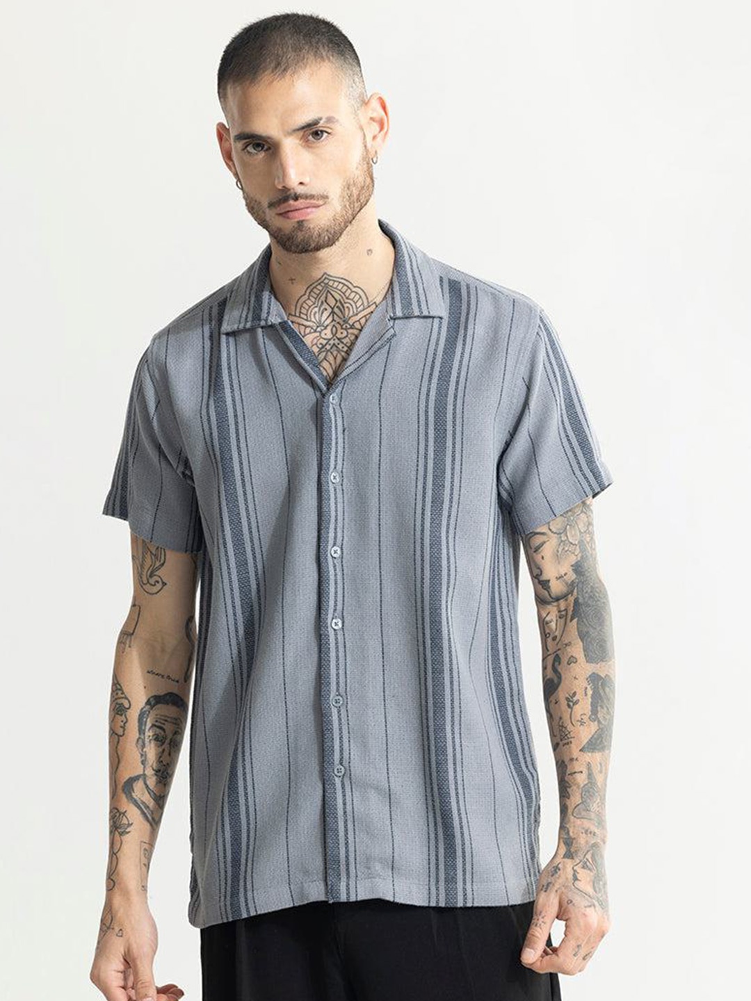 

Snitch Grey Classic Boxy Striped Cuban Collar Pure Cotton Casual Shirt