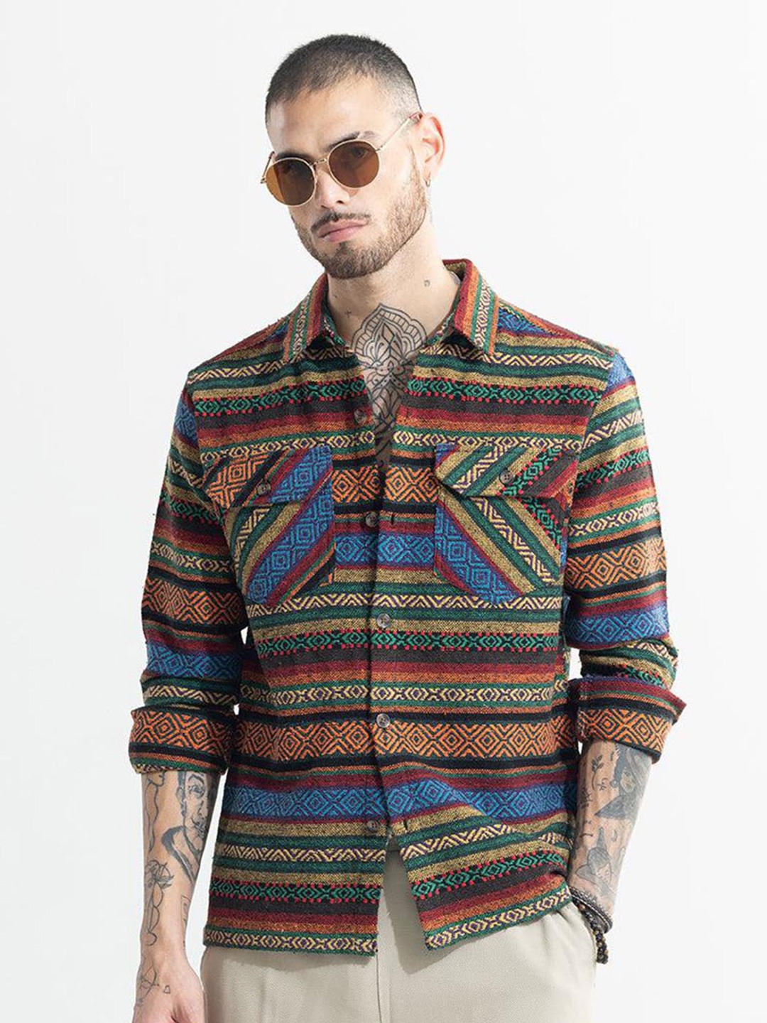 

Snitch Green Classic Ethnic Motifs Printed Pure Cotton Casual Shirt