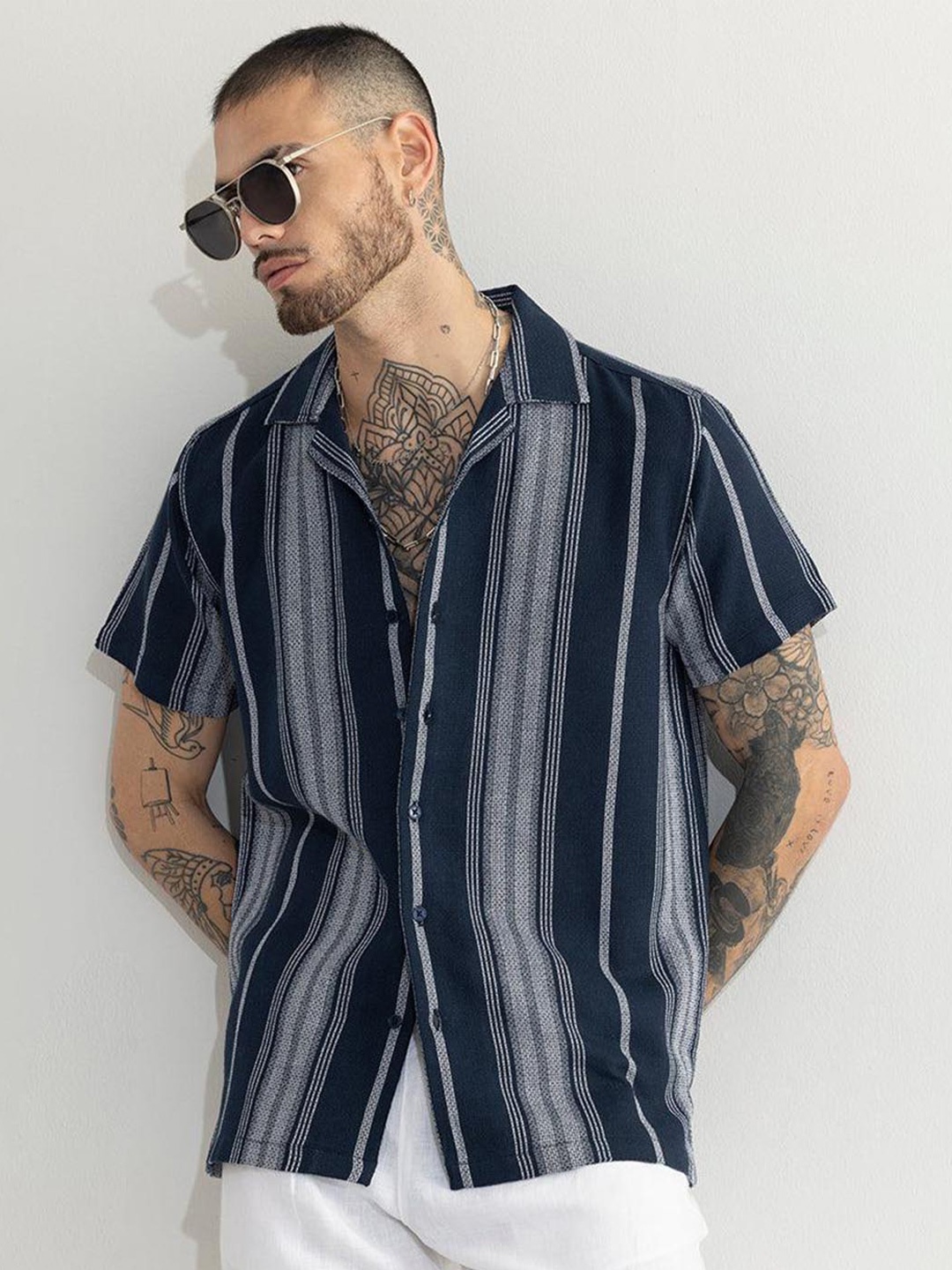 

Snitch Navy Blue Classic Boxy Striped Pure Cotton Casual Shirt