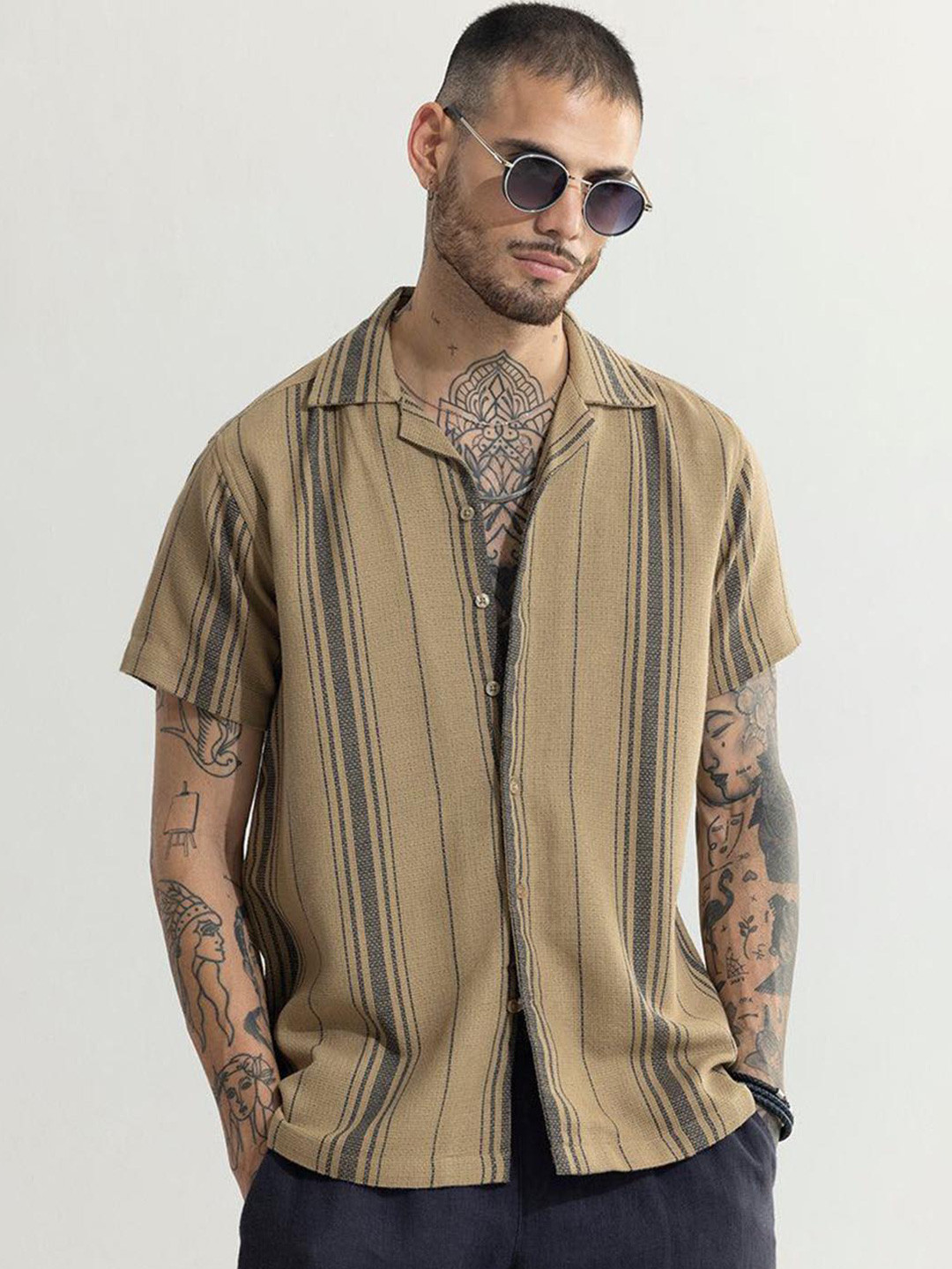 

Snitch Beige Classic Boxy Striped Pure Cotton Casual Shirt