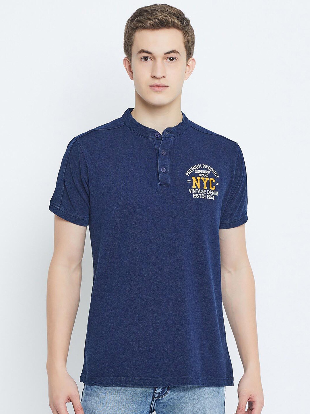 

Club York Typography Embroidered Mandarin Collar T-shirt, Navy blue