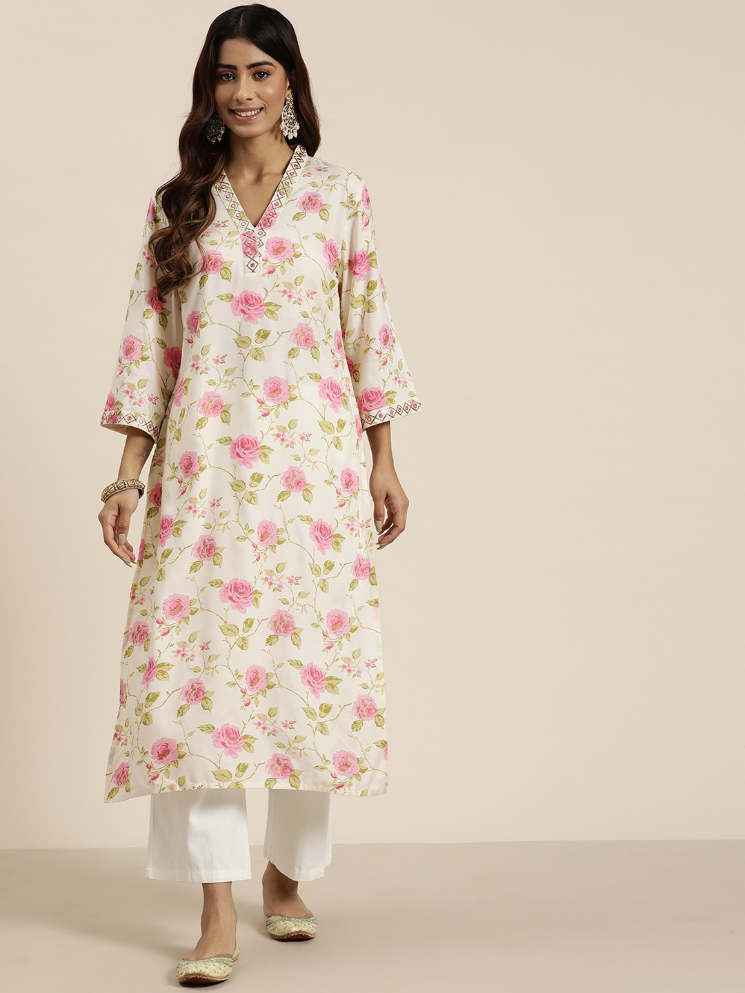 

HERE&NOW Floral Print Mirror Work Kurta, Off white