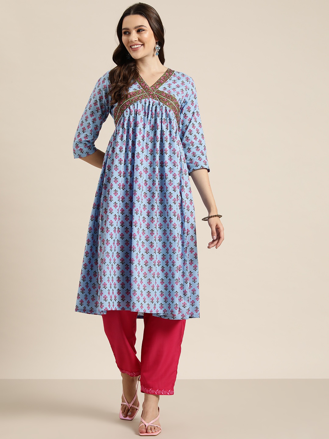 

HERE&NOW Floral Printed Gotta Patti Detail A-Line Empire Cotton Kurta, Blue