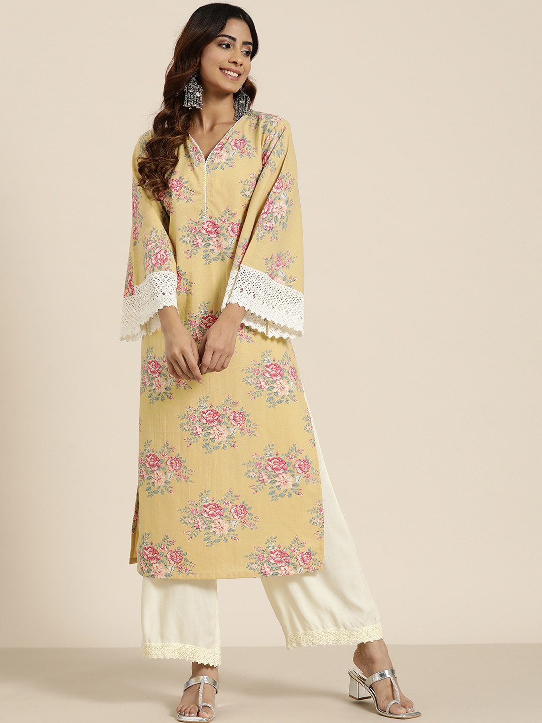 

HERE&NOW Cotton Linen Floral Printed Flared Sleeves Kurta, Yellow