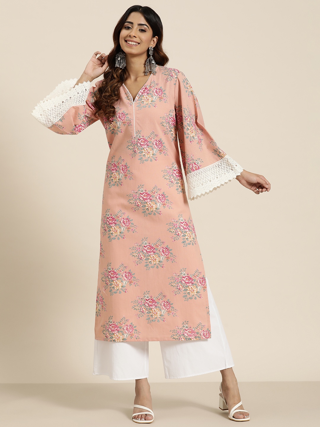 

HERE&NOW Cotton Linen Floral Printed Flared Sleeves Kurta, Peach